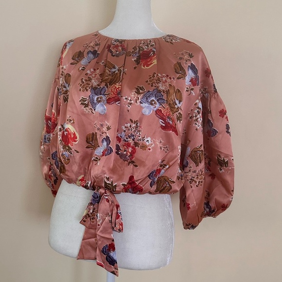 Cinq a Sept Pascale Silk Top Floral Pink Elastic Cuff Front Hem Tie - Picture 4 of 9